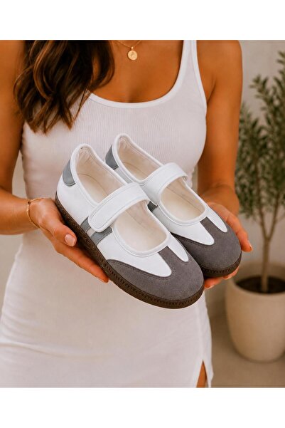 PLN SHOES Women's White Velcro Mary Jane Casual Sports Ballerina Shoes