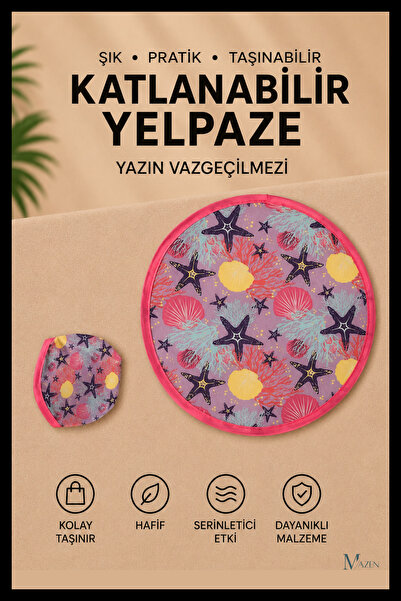 MAZEN Deniz Yıldızı Desen Katlanabilir Yuvarlak Yazlık Taşınabilir El Yelpazesi