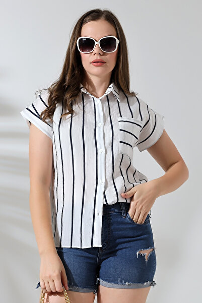 FoR ShE Forshe Women's Striped Half Sleeve Shirt Navy Blue