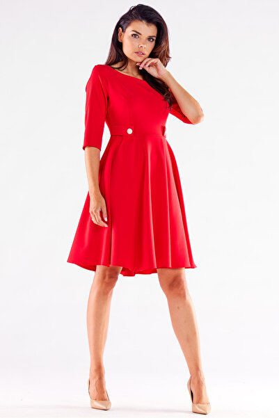 Awama Women's Flared Dress, Awama, Feminine Cut, Knee Length, Size L, Red