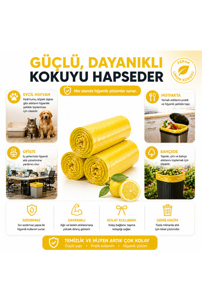 MSE HOLD Büzgülü Çöp Poşeti Limon Kokulu 55×60 cm Orta Boy 5 Rulo Dayanıklı Sızdırmaz Kalın Çöp Torbası