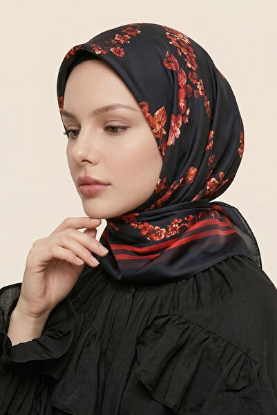 InStyle Μαύρο μαλακό βαμβακερό κασκόλ με ριγέ σχέδιο λουλουδιών