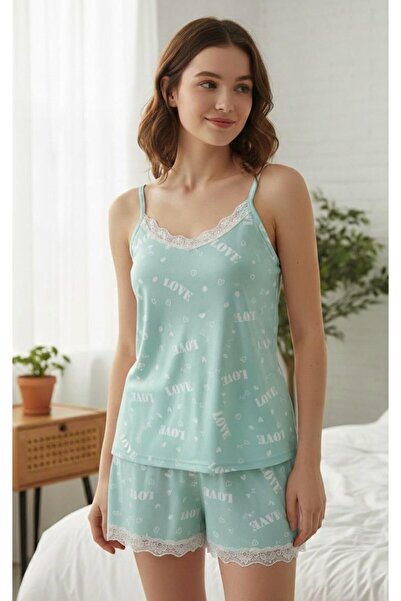 BALİS PİJAMA Women's Lace Love Printed Rope Strap Shorts Pajama Set Comfortab...