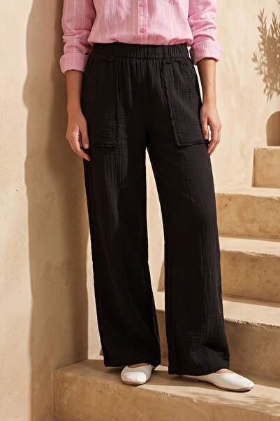 Lale Butik Women's Pocket Detailed Wide Leg Authentic Muslin Trousers 1023 Black