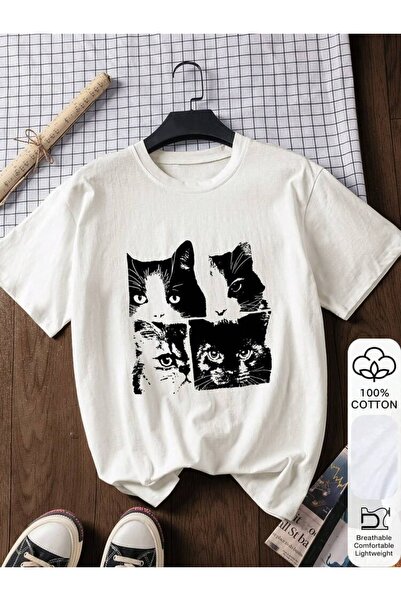 Vordevia Cat Printed White Oversize Unisex T-Shirt Basic Comfortable Fit Dail...