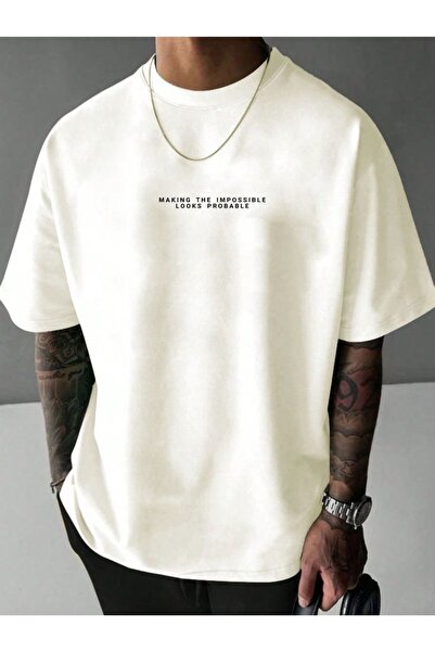 Vordevia Impossible Printed White Oversize Unisex T-Shirt Basic Comfortable F...