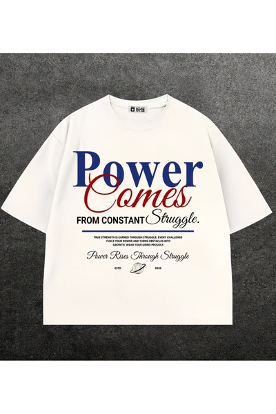 Vordevia Power Comes Printed White Oversize Unisex T-Shirt Basic Comfortable ...