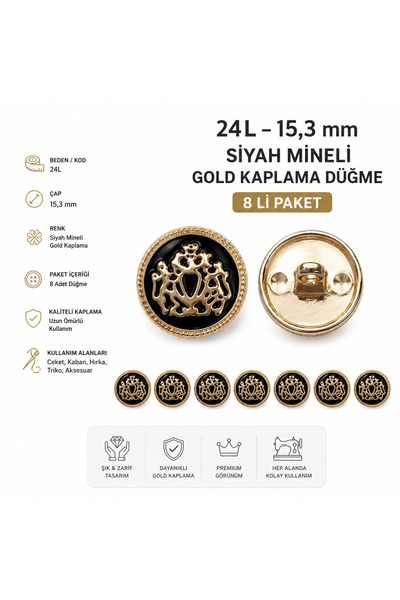 SAVIOBBT METAL DÜĞME SİYAH MİNE GOLD KAPLAMALI 24L BOY 10LU PAKET