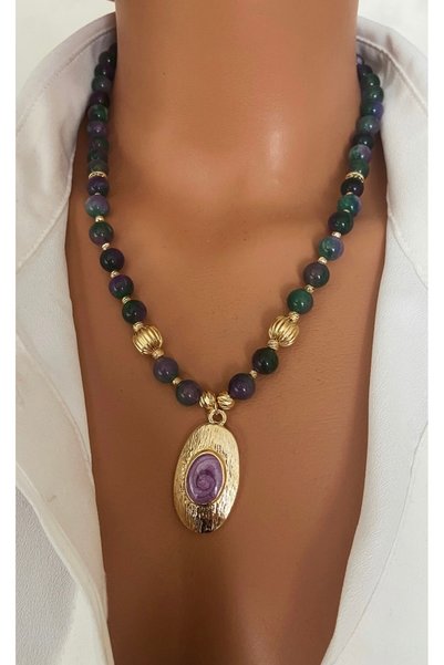 TARZ-I TAKI Natural Stone Gold Aura Energy Purple Green Gold-Plated Women's Necklace in Special Gift Box