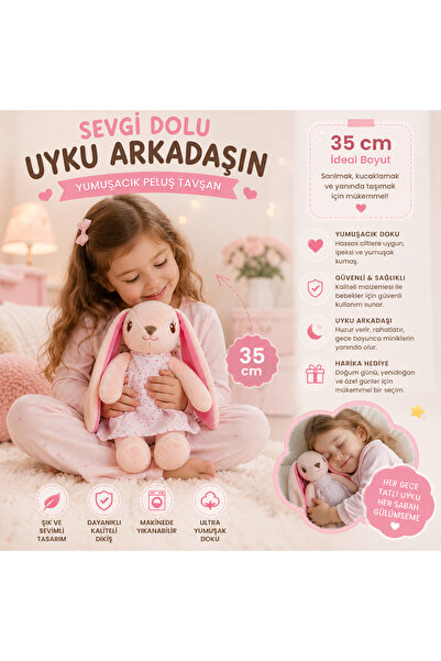 kosetoys Sevgi dolu yumuşacık sevimli peluş uyku arkadaşı açık pembe tavşan 3...