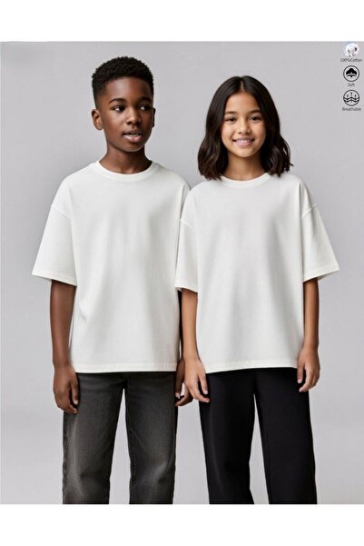 mirkidsclub Unisex Oversize White T-Shirt 100% Cotton Basic Comfortable Fit D...
