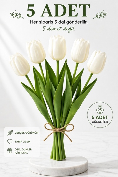 Çiçek 5 Adet Beyaz Yapay Lale Gerçek Görünümlü Dekoratif Tek Dal Lale