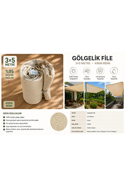 3x5 Metre Krem Gölgelik File %95 Gölgeleme UV Dayanıklı Balkon Bahçe Pergola Filesi