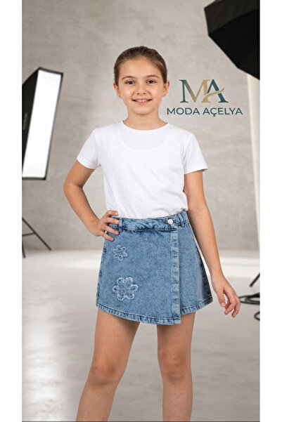 MODA AÇELYA Kız Çocuk Çiçek Nakışlı Kot Şort Etek