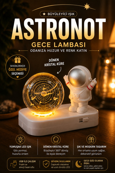 BENT Astronotlu Dönen Güneş Sistemi Kristal Küre LED Gece Lambası Dekoratif L...