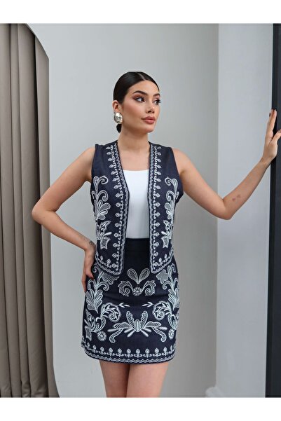 ESRAHELVACI Denim Embroidered Vest Skirt Set