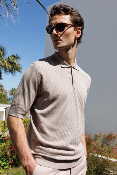 Desen Triko Men's Polo Collar Front Patterned 100% Cotton Knitwear Mink