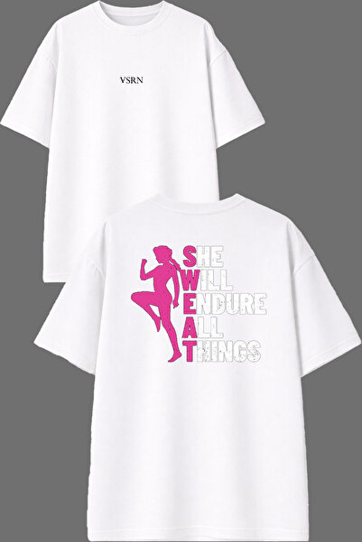 VSRN Women She Tasarım Front and Back Printed White Oversize T-Shirt