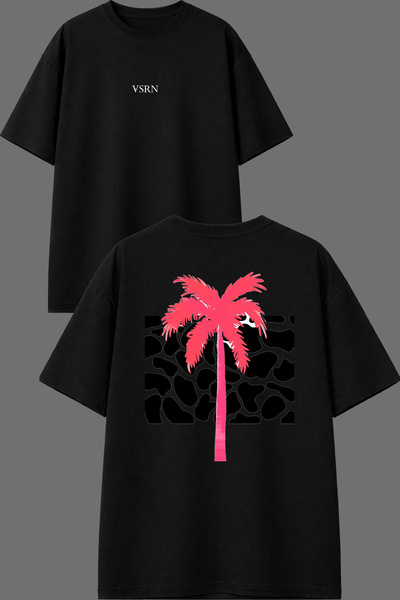 VSRN Tricou oversize negru cu imprimeu față și spate, design Palmiye roz