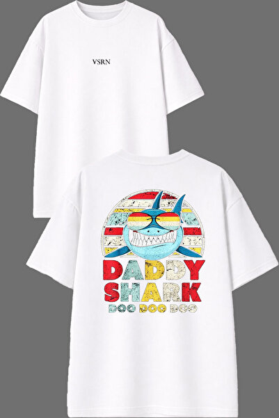 VSRN Dady Shark Design Front and Back Printed White Oversize T-Shirt