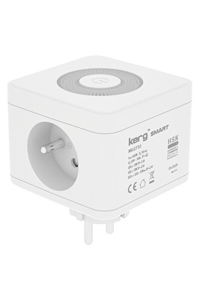 KERG Priză cu 2 orificii + încărcător USB-A+USB-C + lampă LED 16A/250V albă