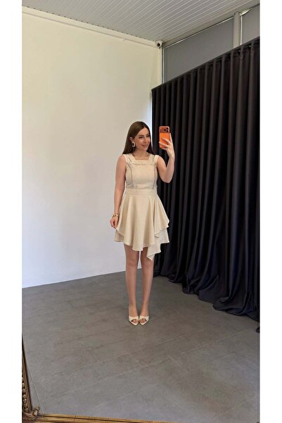 elif teke Beaded Flounce Dress Beige