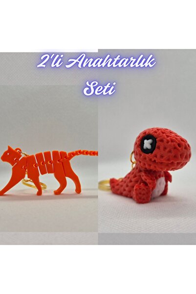 3DAtölyeMaker Orange Flexible Cat and Red Knitted Pattern Moving Dino Keychain