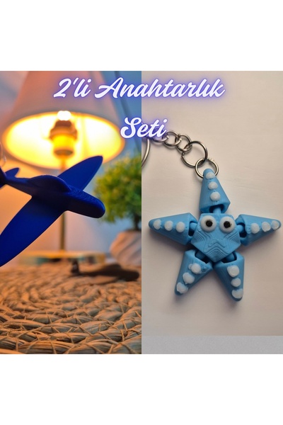 3DAtölyeMaker Blue Airplane and Light Blue Moving Starfish Keychain