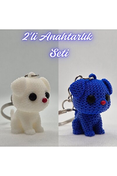 3DAtölyeMaker White Knitted Patterned Dog Keychain and Blue Knitted Patterned...