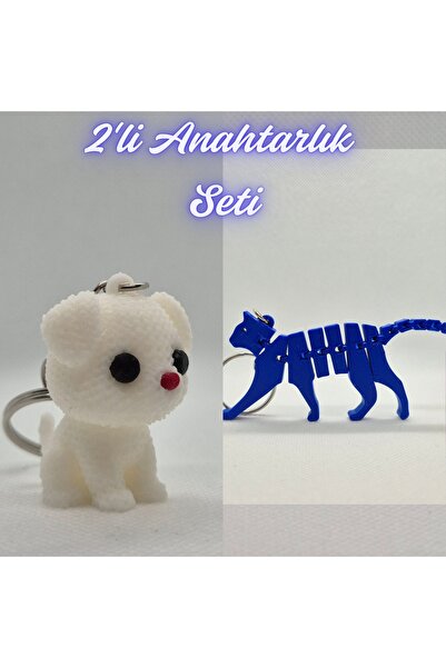 3DAtölyeMaker White Knitted Patterned Dog and Blue Flexible Cat Keychain