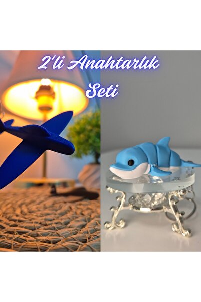 3DAtölyeMaker Blue Airplane and Light Blue Flexible Colorful Dolphin Keychain
