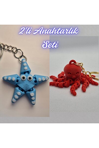3DAtölyeMaker Light Blue Moving Starfish and Pink Octopus Keychain