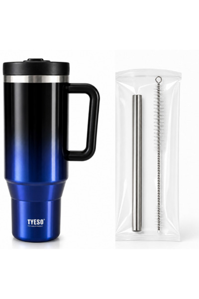 Tyeso Cana termos inox cu maner, izolare dubla, Capac cu pai - 1.2 L