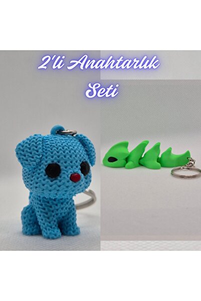 3DAtölyeMaker Light Blue Knitted Patterned Dog and Green Flexible Dragon Keyc...