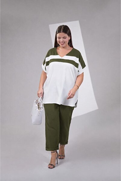 Roxxlen Women's Plus Size Camel Plus Size V-Neck Garnished Suit