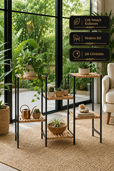Bino 6 Raflı Metal Ahşap Çiçeklik Saksılık Çok Amaçlı Dekoratif Bitki Standı Organizer Raf