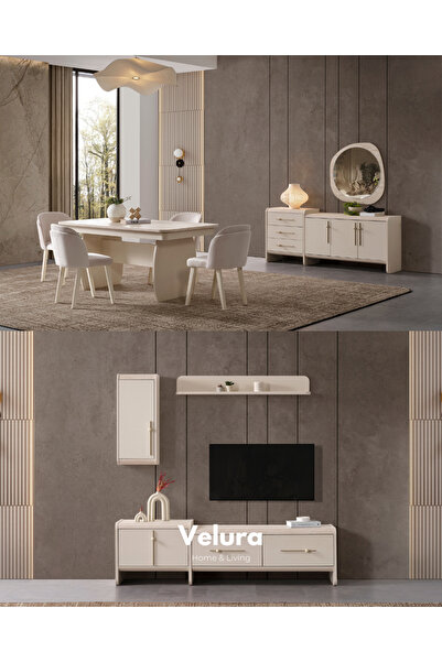 Velura Home & Living Defne Yemek Odası Takımı - Krem (TV Ünitesi Dahil)