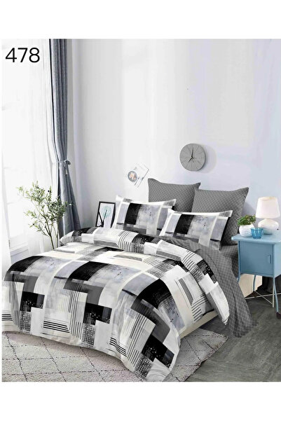 F&R Set de lenjerie de pat 6 piese, flanel, alb cu gri modern -GR478