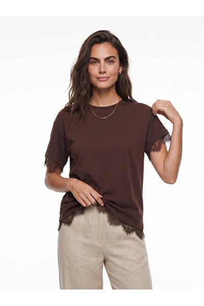 ONLOOX Brown Soft Textured Crew Neck Oversized T-Shirt with Lace Detail and F...