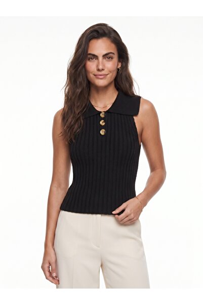 ONLOOX Black Ribbed Knit Fabric Collared Standard Fit Sleeveless Button Detai...