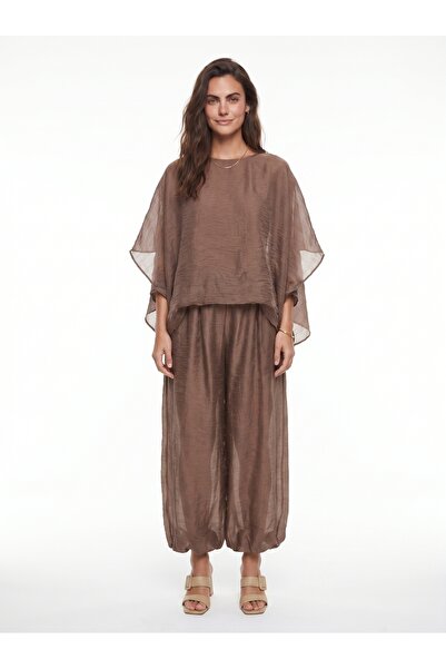 ONLOOX Mink Tencel Blended Fabric Wide-Leg Pants Loose Cape Detailed Transpar...
