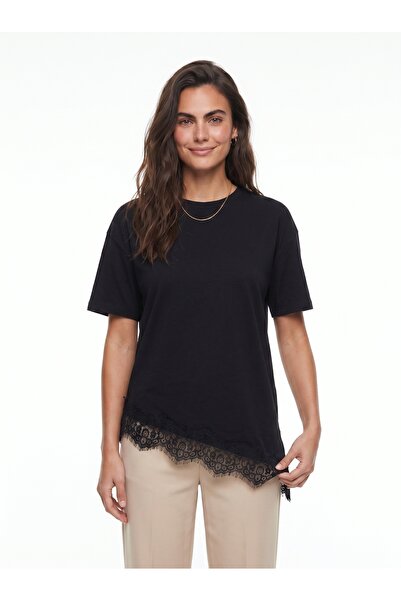 ONLOOX Black Soft Fabric Short Sleeve Comfortable Fit Asymmetrical Cut Lace D...