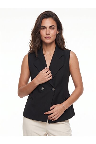 ONLOOX Black Rayon Blend Fabric Shawl Collar Asymmetrical Cut Button Detailed...