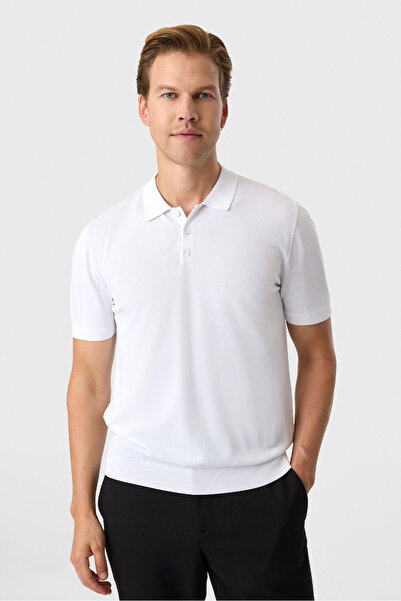 Back And Bond Regular Fit Buttoned White Polo Collar T-Shirt