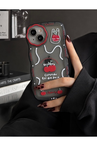 IPHONE 13 SİYAH KİRAZ DESENLİ DARBE KORUYUCU KILIF