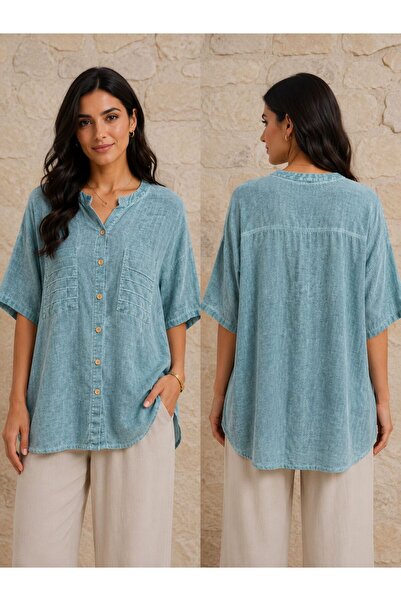 AGORATEKSTİL Women's Cotton Washed Fabric Short Sleeve Court Collar Shirt
