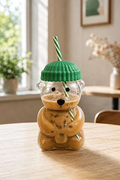 Karçiçeği Home Glass Cold Coffee Cup with Teddy Bear, Transparent Cup with St...