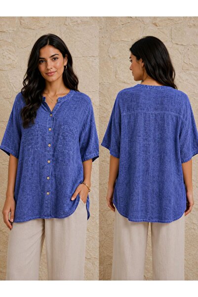 AGORATEKSTİL Women's Cotton Washed Fabric Short Sleeve Court Collar Shirt