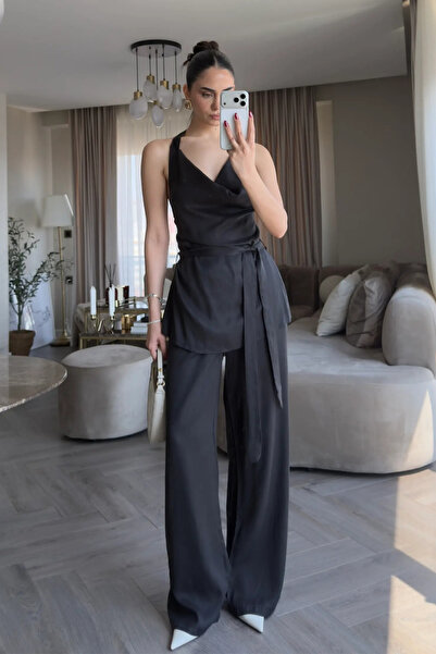 SHILSEE BEUTİQUE Neck-Tieded Tncel Fabric Blouse and Pants Set Black