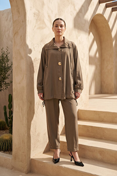 Lale Butik Front Accessory and Buttoned Trouser Suit 26197 Green